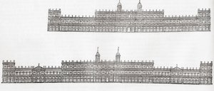 Inigo Jones 1638 plan voor een nieuw paleis in Whitehall, Westminster, Engeland, uit Old England: A Pictorial Museum, uitgegeven 1847 door English School